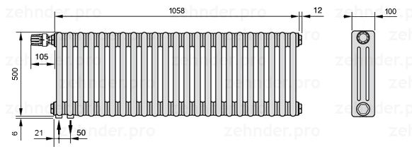 Схема (чертеж) Радиатор Zehnder Charleston 3050/23 №V001 Белый глянцевый RAL 9016
